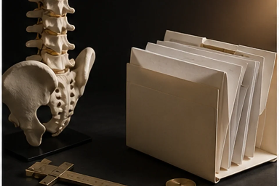Anatomisk modell av höft och ryggrad bredvid journalmappar inför ortopedisk bedömning